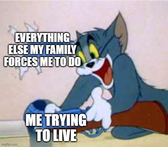 Anyone relate? | EVERYTHING ELSE MY FAMILY FORCES ME TO DO; ME TRYING TO LIVE | image tagged in tom the cat shooting himself | made w/ Imgflip meme maker