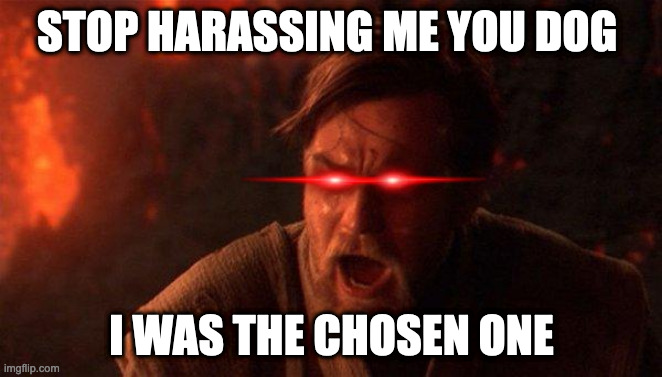 MEME2346 |  STOP HARASSING ME YOU DOG; I WAS THE CHOSEN ONE | image tagged in memes,you were the chosen one star wars | made w/ Imgflip meme maker