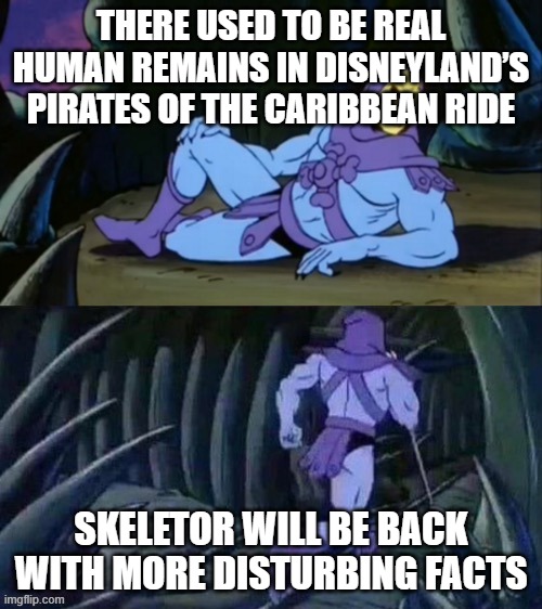 Skeletor disturbing facts | THERE USED TO BE REAL HUMAN REMAINS IN DISNEYLAND’S PIRATES OF THE CARIBBEAN RIDE; SKELETOR WILL BE BACK WITH MORE DISTURBING FACTS | image tagged in skeletor disturbing facts | made w/ Imgflip meme maker