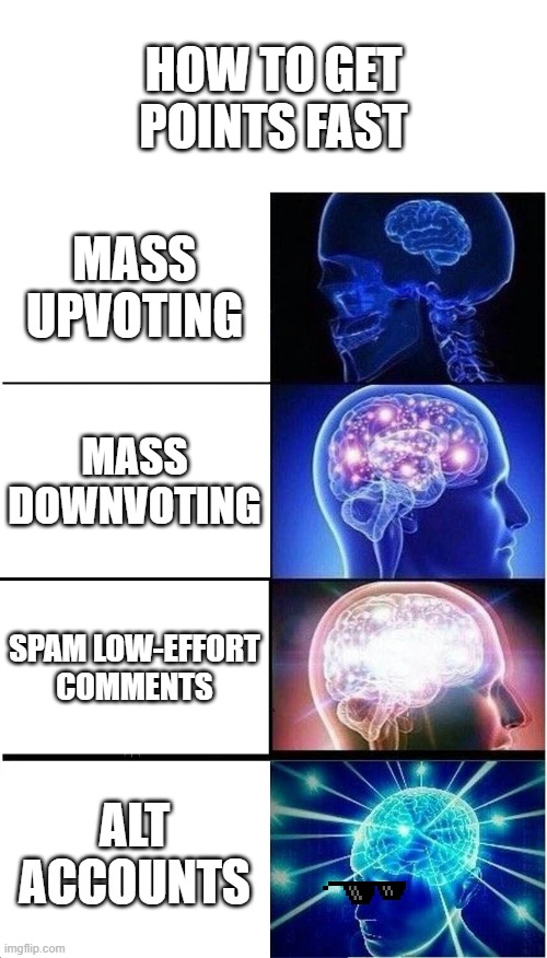 Which do you prefer? | HOW TO GET POINTS FAST; MASS UPVOTING; MASS DOWNVOTING; SPAM LOW-EFFORT COMMENTS; ALT ACCOUNTS | image tagged in memes,expanding brain,imgflip points | made w/ Imgflip meme maker