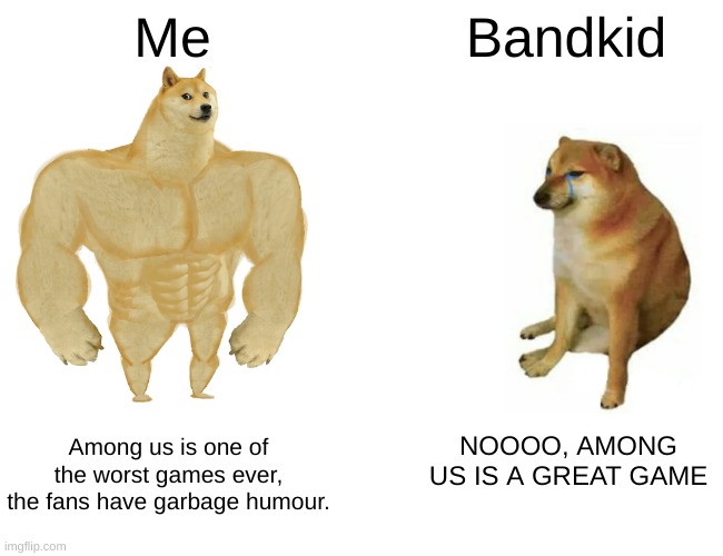 Buff Doge vs. Cheems | Me; Bandkid; NOOOO, AMONG US IS A GREAT GAME; Among us is one of the worst games ever, the fans have garbage humour. | image tagged in memes,buff doge vs cheems | made w/ Imgflip meme maker