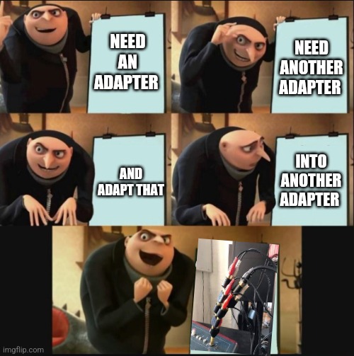 Sounds guys in the zone |  NEED AN ADAPTER; NEED ANOTHER ADAPTER; INTO ANOTHER ADAPTER; AND ADAPT THAT | image tagged in 5 panel gru meme,music,improvise adapt overcome,sound,live music,engineer | made w/ Imgflip meme maker