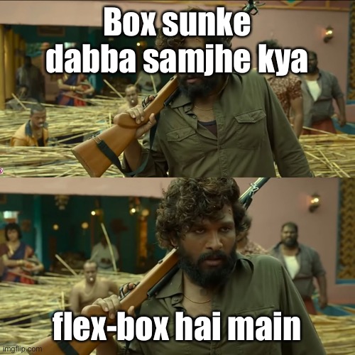 Flex box meme | Box sunke dabba samjhe kya; flex-box hai main | image tagged in pushpa flower fire | made w/ Imgflip meme maker