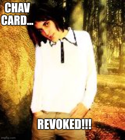 Noel Fielding - Know Your Comedy |  CHAV CARD... REVOKED!!! | image tagged in chav,noel fielding,the mighty boosh,the great british bake off,the it crowd,bbc | made w/ Imgflip meme maker