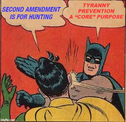 tyranny prevention: a “core” purpose | SECOND AMENDMENT
IS FOR HUNTING; TYRANNY
PREVENTION
A “CORE” PURPOSE | image tagged in memes,batman slapping robin | made w/ Imgflip meme maker