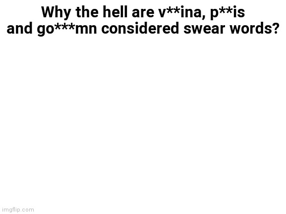 Had to censor them so this image wouldn't get marked as NSFW. | Why the hell are v**ina, p**is and go***mn considered swear words? | image tagged in blank white template,swear word,profanity,swearing,imgflip | made w/ Imgflip meme maker