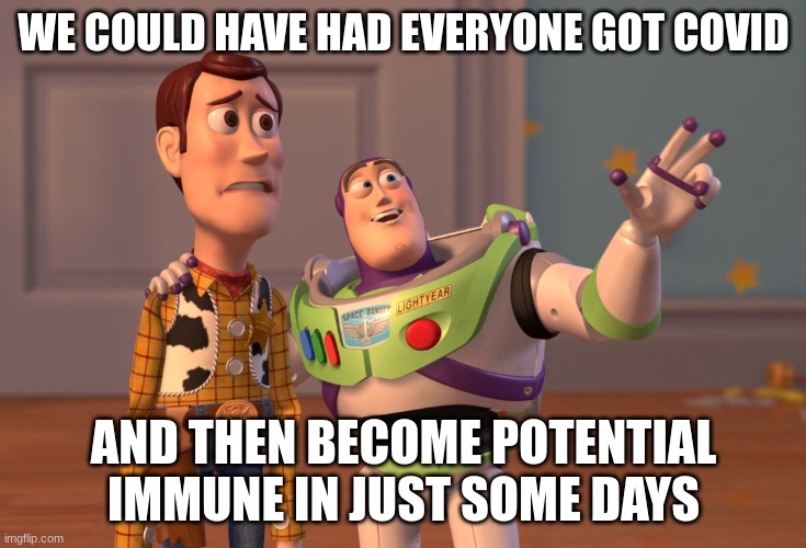 Imagine if it happened | WE COULD HAVE HAD EVERYONE GOT COVID; AND THEN BECOME POTENTIAL IMMUNE IN JUST SOME DAYS | image tagged in memes,x x everywhere | made w/ Imgflip meme maker