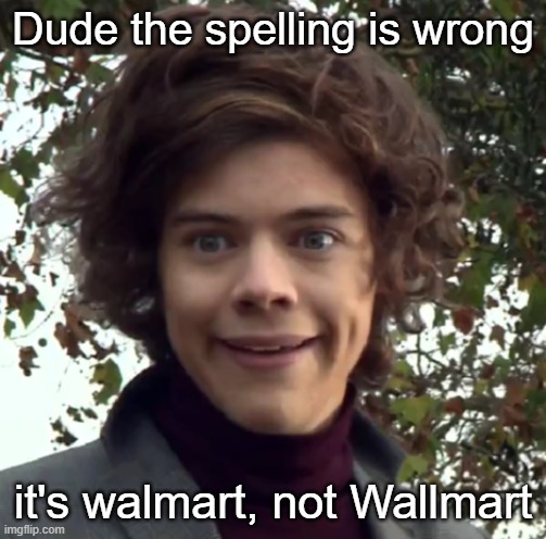 Harry Funny Face | Dude the spelling is wrong it's walmart, not Wallmart | image tagged in harry funny face | made w/ Imgflip meme maker