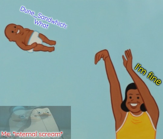 Woman throwing Baby | I'm fine Dune_Sandwhich:
What Me: *internal scream* | image tagged in woman throwing baby | made w/ Imgflip meme maker
