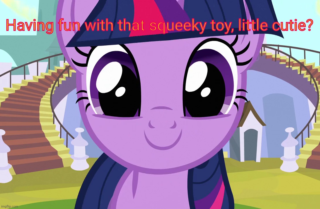 Cute Twilight Sparkle (MLP) | Having fun with that squeeky toy, little cutie? | image tagged in cute twilight sparkle mlp | made w/ Imgflip meme maker
