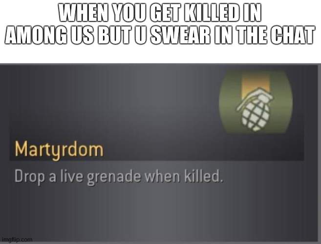 hehe | WHEN YOU GET KILLED IN AMONG US BUT U SWEAR IN THE CHAT | image tagged in martyrdom | made w/ Imgflip meme maker