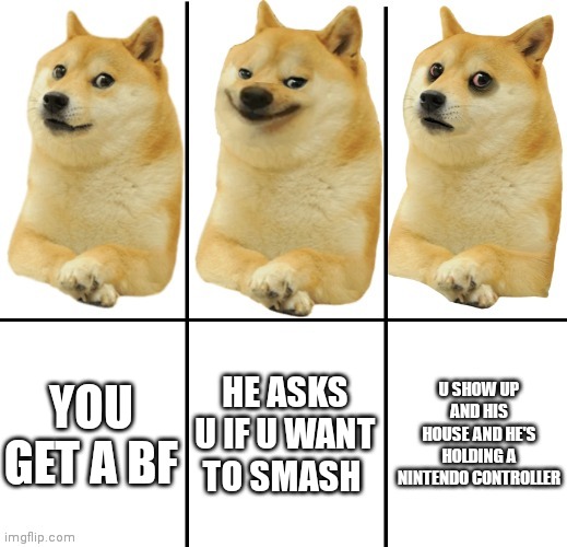 Doge happy sad | YOU GET A BF; HE ASKS U IF U WANT TO SMASH; U SHOW UP AND HIS HOUSE AND HE'S HOLDING A NINTENDO CONTROLLER | image tagged in doge happy sad | made w/ Imgflip meme maker