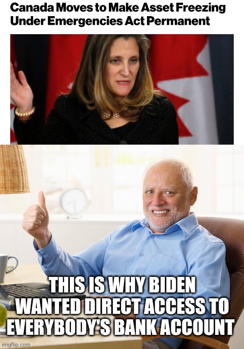 THIS IS WHY BIDEN WANTED DIRECT ACCESS TO EVERYBODY'S BANK ACCOUNT | image tagged in hide the pain harold | made w/ Imgflip meme maker
