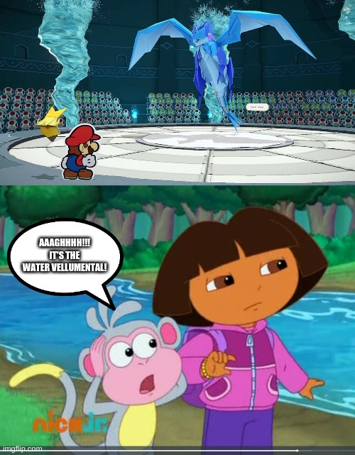 Dora & Boots VS The Water Vellumental | AAAGHHHH!!! IT'S THE WATER VELLUMENTAL! | image tagged in angry dora,dora the explorer,paper mario the origami king,water vellumental | made w/ Imgflip meme maker
