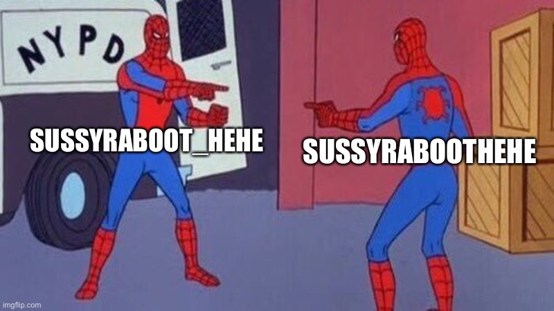 spiderman pointing at spiderman | SUSSYRABOOT_HEHE; SUSSYRABOOTHEHE | image tagged in spiderman pointing at spiderman | made w/ Imgflip meme maker