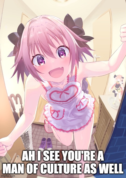 POV Astolfo | AH I SEE YOU'RE A MAN OF CULTURE AS WELL | image tagged in pov astolfo | made w/ Imgflip meme maker