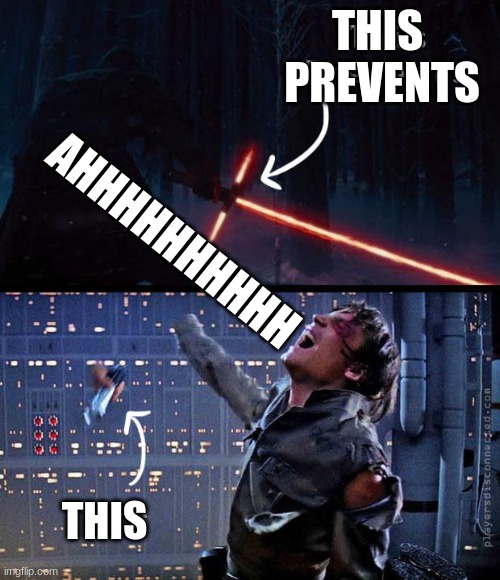 people think crossguard lightsabers are dumb | THIS 
PREVENTS; AHHHHHHHHHH; THIS | image tagged in star wars | made w/ Imgflip meme maker