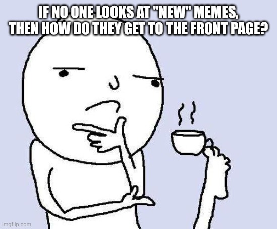 Hmmmmmmmmmmmmmmmmm | IF NO ONE LOOKS AT "NEW" MEMES, THEN HOW DO THEY GET TO THE FRONT PAGE? | image tagged in thinking meme | made w/ Imgflip meme maker