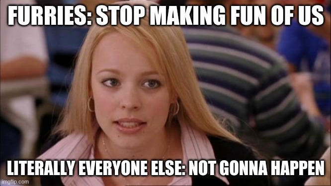 Its Not Going To Happen Meme | FURRIES: STOP MAKING FUN OF US; LITERALLY EVERYONE ELSE: NOT GONNA HAPPEN | image tagged in memes,its not going to happen | made w/ Imgflip meme maker