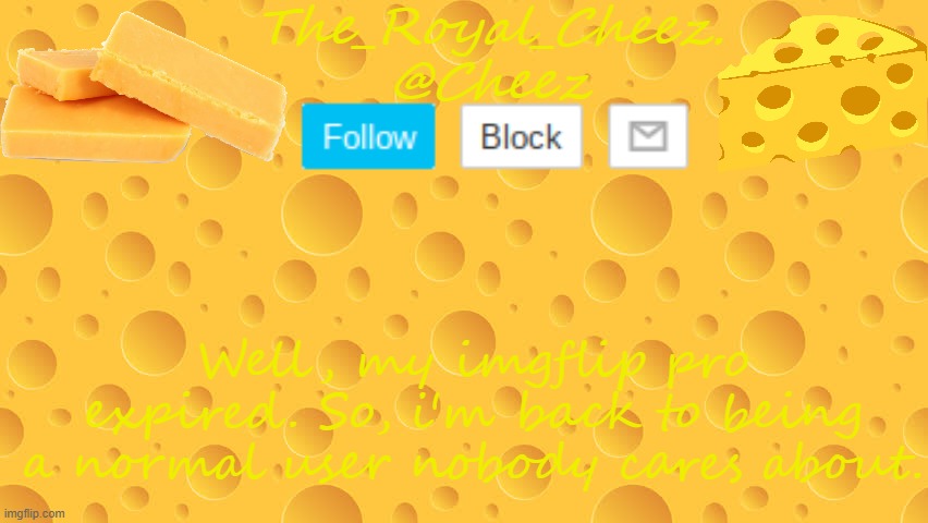 TheRoyalCheez Cheese temp | Well, my imgflip pro expired. So, i'm back to being a normal user nobody cares about. | image tagged in theroyalcheez cheese temp | made w/ Imgflip meme maker
