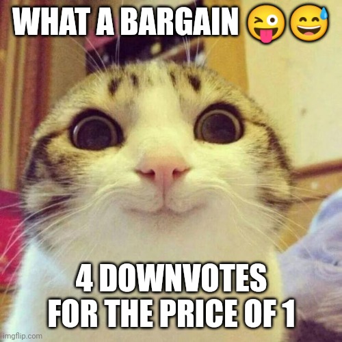 Smiling Cat Meme | WHAT A BARGAIN ?? 4 DOWNVOTES FOR THE PRICE OF 1 | image tagged in memes,smiling cat | made w/ Imgflip meme maker