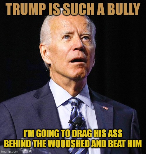 Another instance of Democrat hypocrisy. They think Trump was a bully so they went FULL bully, going above him. They are stupid. | TRUMP IS SUCH A BULLY; I'M GOING TO DRAG HIS ASS BEHIND THE WOODSHED AND BEAT HIM | image tagged in joe biden | made w/ Imgflip meme maker