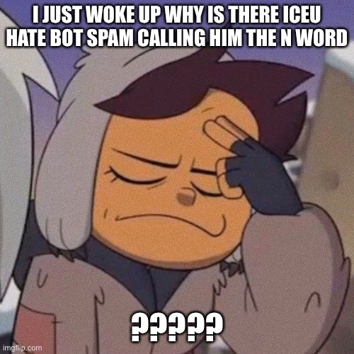 luz | I JUST WOKE UP WHY IS THERE ICEU HATE BOT SPAM CALLING HIM THE N WORD; ????? | image tagged in luz | made w/ Imgflip meme maker