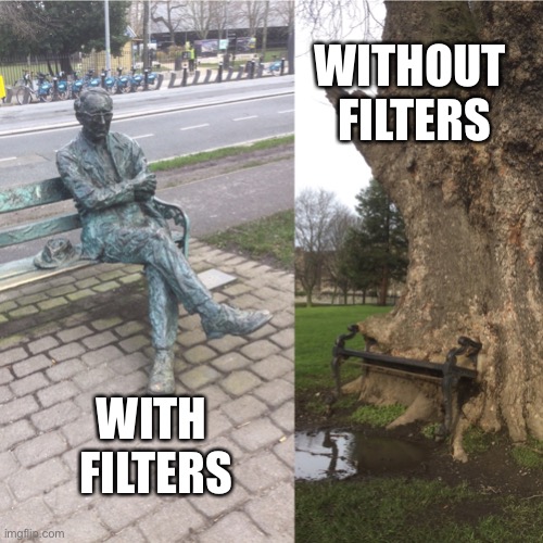 BenchLife | WITHOUT 
FILTERS; WITH 
FILTERS | image tagged in benchlife | made w/ Imgflip meme maker