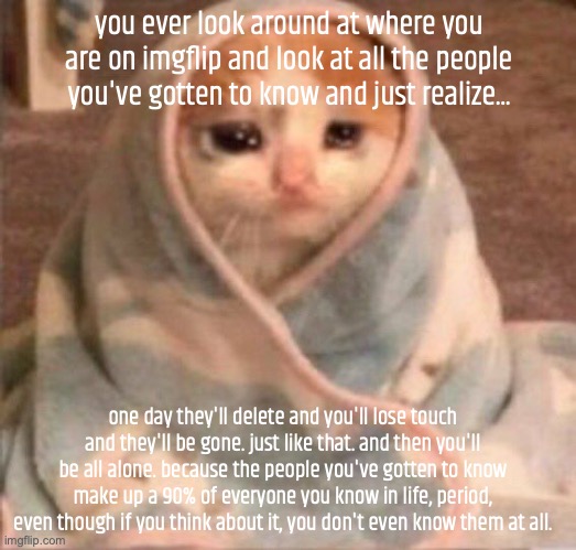 imma just go offline and cry brb (read tags) | you ever look around at where you are on imgflip and look at all the people you've gotten to know and just realize... one day they'll delete and you'll lose touch and they'll be gone. just like that. and then you'll be all alone. because the people you've gotten to know make up a 90% of everyone you know in life, period, even though if you think about it, you don't even know them at all. | image tagged in so guys,go and spend as much time as you can,with the people you love on here,before it's too late | made w/ Imgflip meme maker