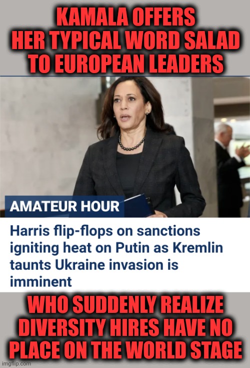 Kamala Harris has her "amateur hour" | KAMALA OFFERS HER TYPICAL WORD SALAD TO EUROPEAN LEADERS; WHO SUDDENLY REALIZE DIVERSITY HIRES HAVE NO
PLACE ON THE WORLD STAGE | image tagged in memes,kamala harris,amateur hour,democrats,team biden,ukraine | made w/ Imgflip meme maker