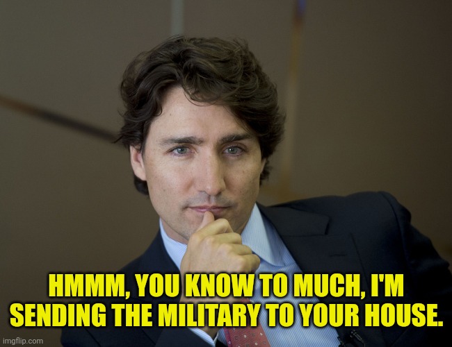 Justin Trudeau readiness | HMMM, YOU KNOW TO MUCH, I'M SENDING THE MILITARY TO YOUR HOUSE. | image tagged in justin trudeau readiness | made w/ Imgflip meme maker