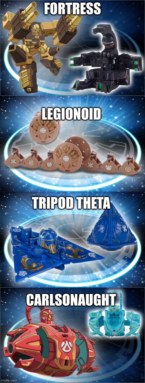 i need my bizzare people (femboys,gay's,trans,etc..) to help me choose a trap bakugan | FORTRESS; LEGIONOID; TRIPOD THETA; CARLSONAUGHT | made w/ Imgflip meme maker