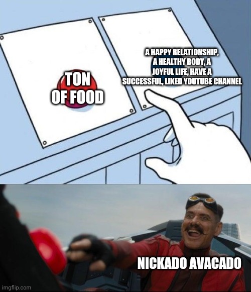 The "right" decision | A HAPPY RELATIONSHIP, A HEALTHY BODY, A JOYFUL LIFE, HAVE A SUCCESSFUL, LIKED YOUTUBE CHANNEL; TON OF FOOD; NICKADO AVACADO | image tagged in sonic button decision | made w/ Imgflip meme maker