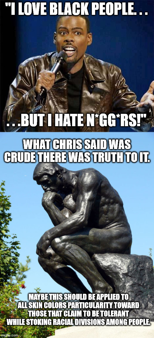 It can be expanded. | "I LOVE BLACK PEOPLE. . . . . .BUT I HATE N*GG*RS!"; WHAT CHRIS SAID WAS CRUDE THERE WAS TRUTH TO IT. MAYBE THIS SHOULD BE APPLIED TO ALL SKIN COLORS PARTICULARITY TOWARD THOSE THAT CLAIM TO BE TOLERANT WHILE STOKING RACIAL DIVISIONS AMONG PEOPLE. | image tagged in chris rock,the thinker,race,racism | made w/ Imgflip meme maker