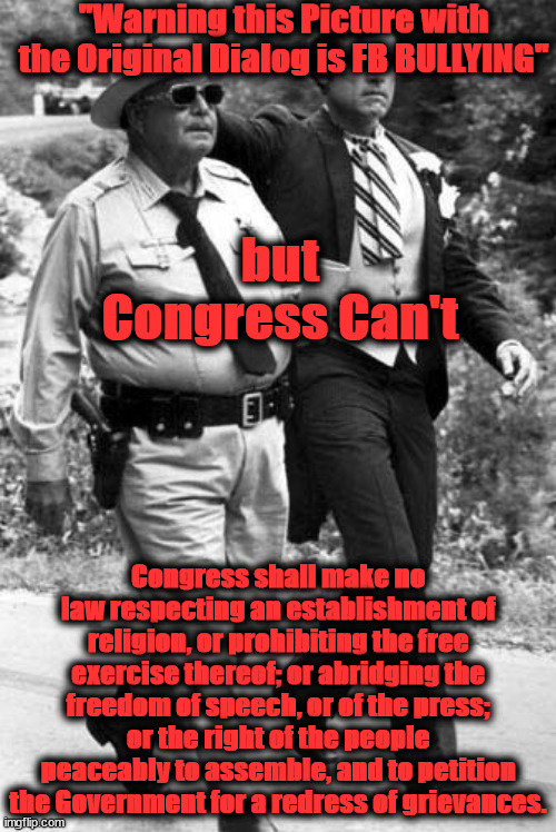 "Warning this Picture with the Original Dialog is FB BULLYING"; but Congress Can't; Congress shall make no law respecting an establishment of religion, or prohibiting the free exercise thereof; or abridging the freedom of speech, or of the press; or the right of the people peaceably to assemble, and to petition the Government for a redress of grievances. | made w/ Imgflip meme maker