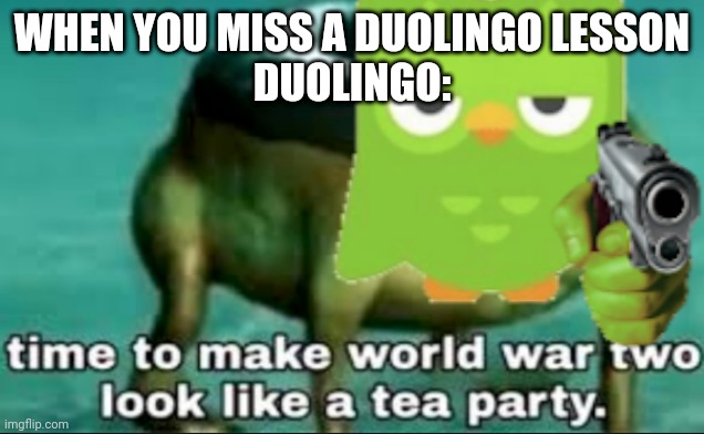 Do not miss the lessons... |  WHEN YOU MISS A DUOLINGO LESSON
DUOLINGO: | image tagged in duolingo,time to make world war 2 look like a tea party,you know the rules it's time to die | made w/ Imgflip meme maker