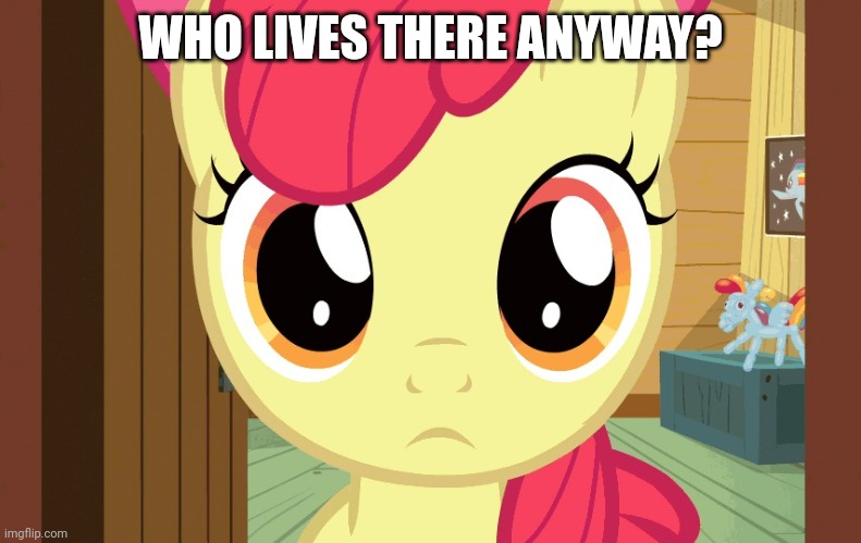 Confused Applebloom (MLP) | WHO LIVES THERE ANYWAY? | image tagged in confused applebloom mlp | made w/ Imgflip meme maker