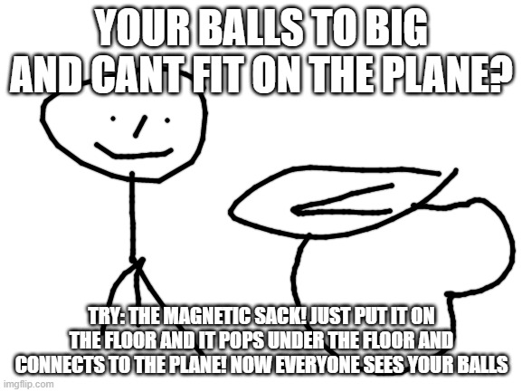 Blank White Template | YOUR BALLS TO BIG AND CANT FIT ON THE PLANE? TRY: THE MAGNETIC SACK! JUST PUT IT ON THE FLOOR AND IT POPS UNDER THE FLOOR AND CONNECTS TO THE PLANE! NOW EVERYONE SEES YOUR BALLS | image tagged in blank white template | made w/ Imgflip meme maker