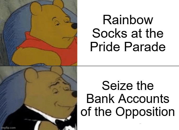 Trudeau Winnie The Pooh | Rainbow Socks at the Pride Parade; Seize the Bank Accounts of the Opposition | image tagged in memes,tuxedo winnie the pooh,politics | made w/ Imgflip meme maker