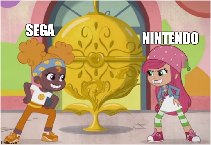 80's Console Rivalry portrayed by Strawberry Shortcake | SEGA; NINTENDO | image tagged in strawberry vs orange blossom,strawberry shortcake,strawberry shortcake berry in the big city,memes,gaming,video games | made w/ Imgflip meme maker