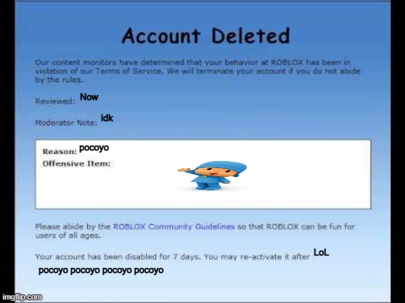 i got banned for posting Pocoyo lol | Now; idk; pocoyo; LoL; pocoyo pocoyo pocoyo pocoyo | image tagged in roblox 2009 banned message | made w/ Imgflip meme maker
