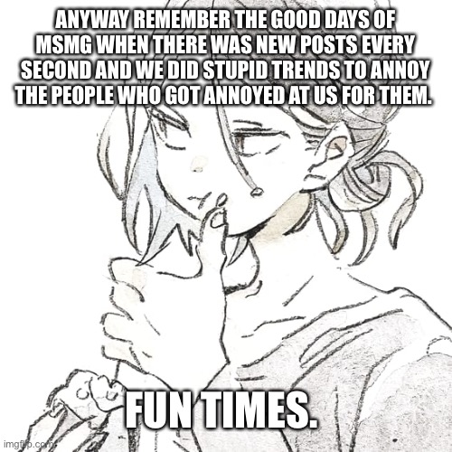 ANYWAY REMEMBER THE GOOD DAYS OF MSMG WHEN THERE WAS NEW POSTS EVERY SECOND AND WE DID STUPID TRENDS TO ANNOY THE PEOPLE WHO GOT ANNOYED AT US FOR THEM. FUN TIMES. | made w/ Imgflip meme maker