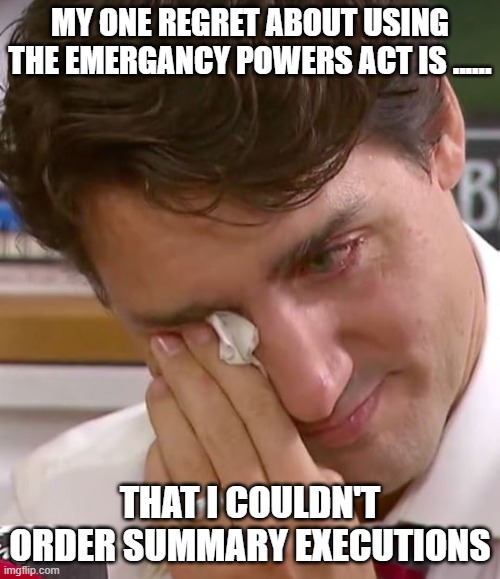 Justin Trudeau Crying | MY ONE REGRET ABOUT USING THE EMERGANCY POWERS ACT IS ...... THAT I COULDN'T ORDER SUMMARY EXECUTIONS | image tagged in justin trudeau crying | made w/ Imgflip meme maker
