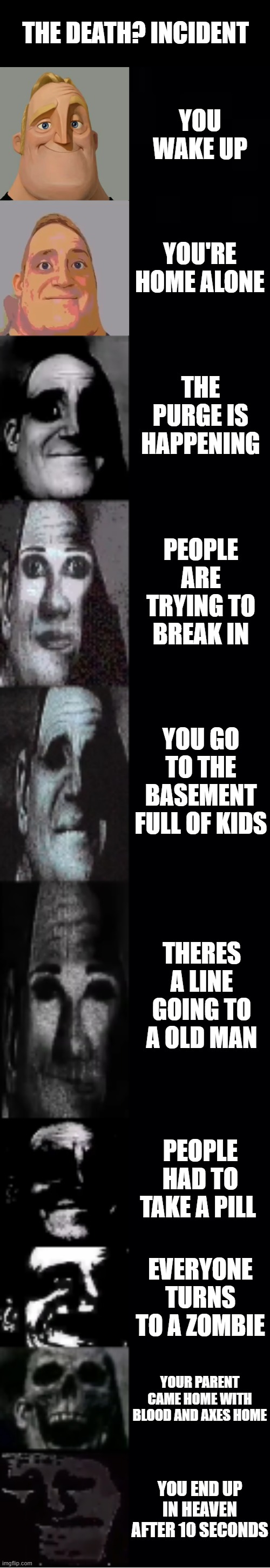 mr incredible becoming uncanny | THE DEATH? INCIDENT; YOU WAKE UP; YOU'RE HOME ALONE; THE PURGE IS HAPPENING; PEOPLE ARE TRYING TO BREAK IN; YOU GO TO THE BASEMENT FULL OF KIDS; THERES A LINE GOING TO A OLD MAN; PEOPLE HAD TO TAKE A PILL; EVERYONE TURNS TO A ZOMBIE; YOUR PARENT CAME HOME WITH BLOOD AND AXES HOME; YOU END UP IN HEAVEN AFTER 10 SECONDS | image tagged in mr incredible becoming uncanny | made w/ Imgflip meme maker