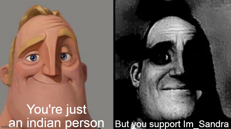 Im_Sandra is racist. How could you support someone who made fun of you? | You're just an indian person; But you support Im_Sandra | image tagged in traumatized mr incredible | made w/ Imgflip meme maker