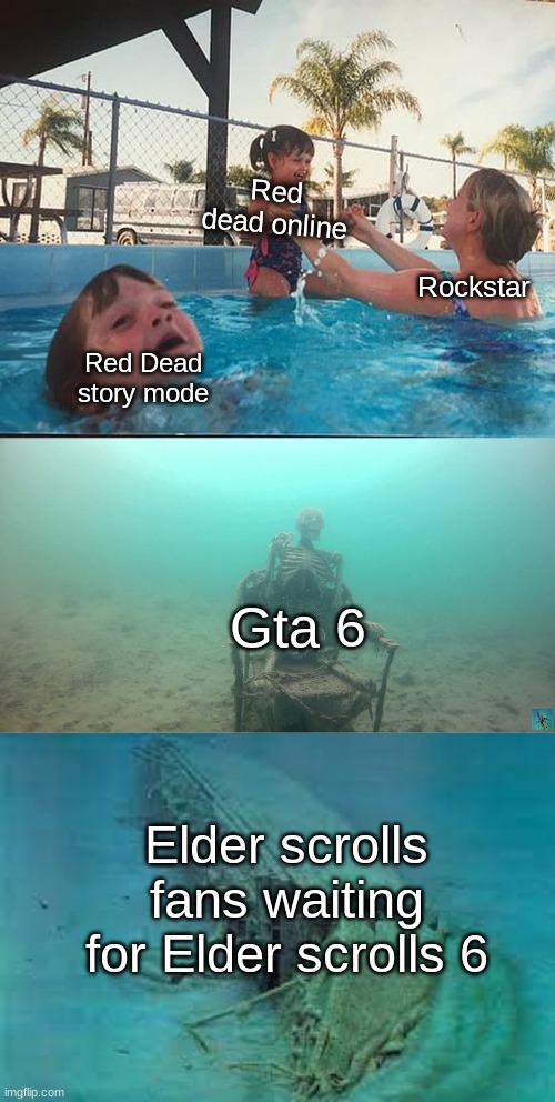 elder scrolls six will come out before the century ends i hope | Red dead online; Rockstar; Red Dead story mode; Gta 6; Elder scrolls fans waiting for Elder scrolls 6 | image tagged in mother ignoring kid drowning in a pool | made w/ Imgflip meme maker