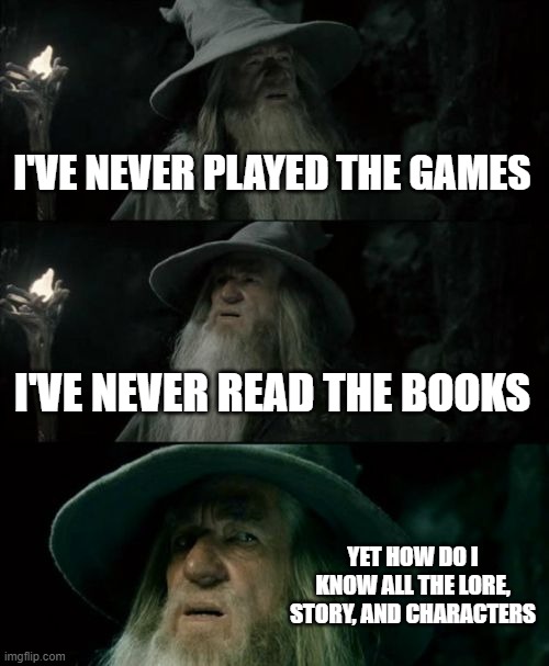Confused Gandalf Meme | I'VE NEVER PLAYED THE GAMES; I'VE NEVER READ THE BOOKS; YET HOW DO I KNOW ALL THE LORE, STORY, AND CHARACTERS | image tagged in memes,confused gandalf | made w/ Imgflip meme maker