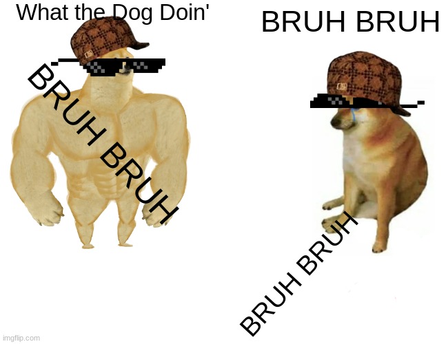 Buff Doge vs. Cheems | What the Dog Doin'; BRUH BRUH; BRUH BRUH; BRUH BRUH | image tagged in memes,buff doge vs cheems | made w/ Imgflip meme maker