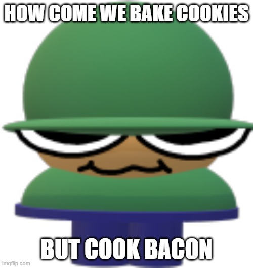 Bacon thoughts | HOW COME WE BAKE COOKIES; BUT COOK BACON | image tagged in brobgonall | made w/ Imgflip meme maker