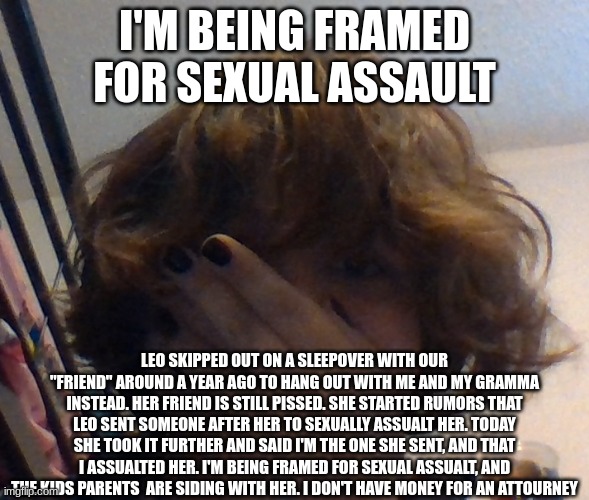 I'M BEING FRAMED FOR SEXUAL ASSAULT; LEO SKIPPED OUT ON A SLEEPOVER WITH OUR "FRIEND" AROUND A YEAR AGO TO HANG OUT WITH ME AND MY GRAMMA INSTEAD. HER FRIEND IS STILL PISSED. SHE STARTED RUMORS THAT LEO SENT SOMEONE AFTER HER TO SEXUALLY ASSUALT HER. TODAY SHE TOOK IT FURTHER AND SAID I'M THE ONE SHE SENT, AND THAT I ASSUALTED HER. I'M BEING FRAMED FOR SEXUAL ASSUALT, AND THE KIDS PARENTS  ARE SIDING WITH HER. I DON'T HAVE MONEY FOR AN ATTOURNEY | made w/ Imgflip meme maker
